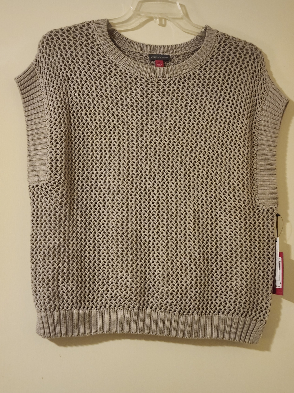 NWT Vince Camuto Women's Taupe Open-Knit Crewneck Sleeveless Sweater Vest L